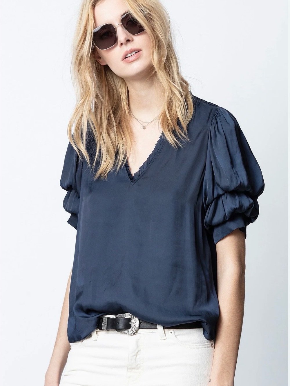 Zadig & Voltaire Navy Blue Puff-Sleeve V-Neck Blouse